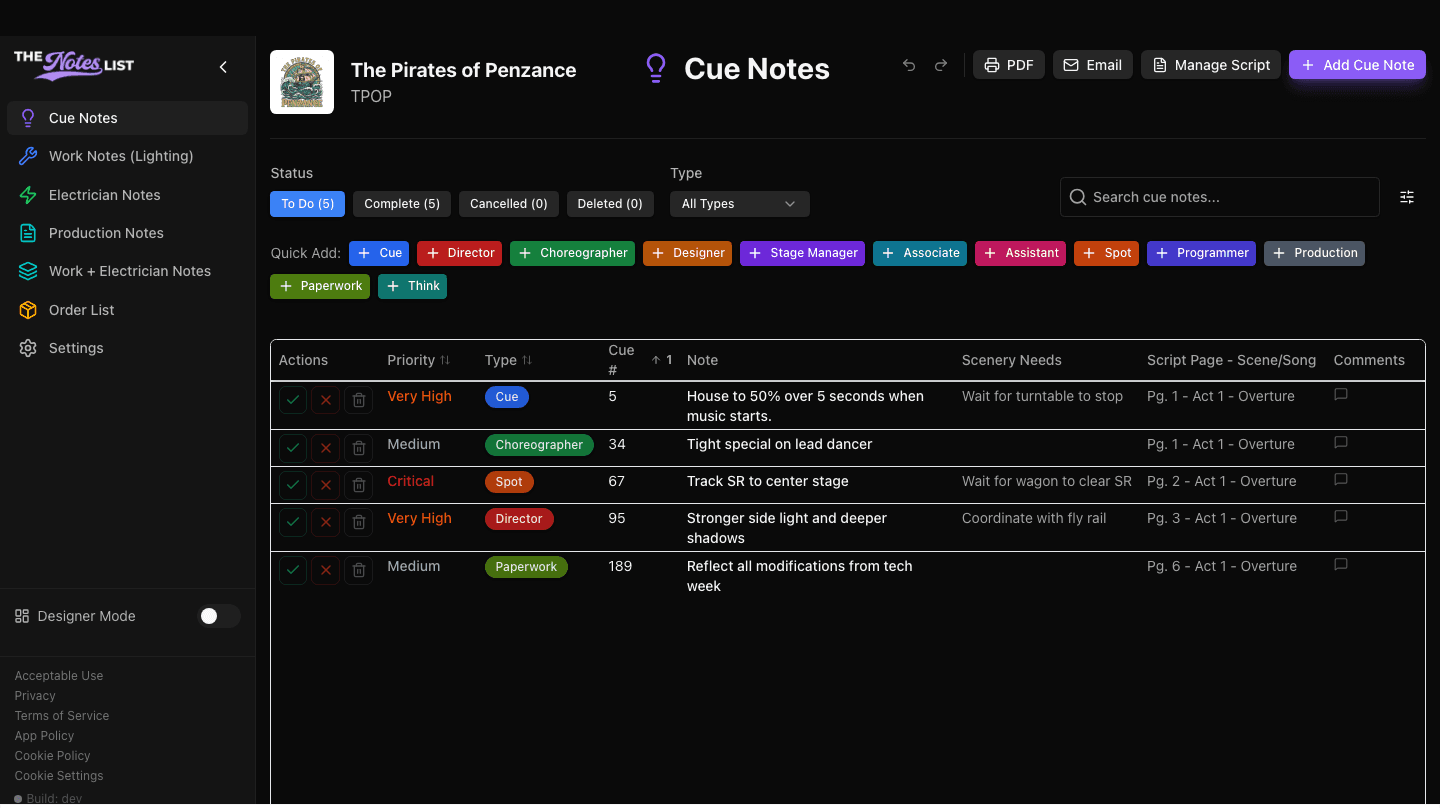 The Notes List app showing cue notes for a production, with priority and type tags